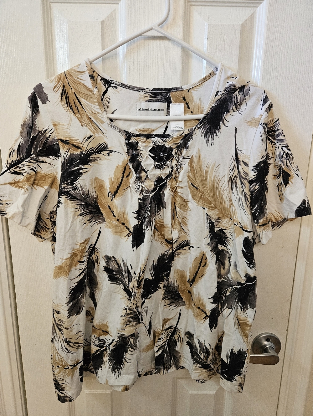 Alfred Dunner L Short Sleeve Square Neck Top with Feather Design & Sequins
